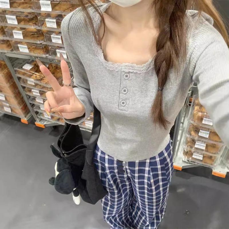 Sweet and spicy style square collar leaking collarbone long-sleeved top women's spring lace splicing slim-fit shirt bottoming shirt