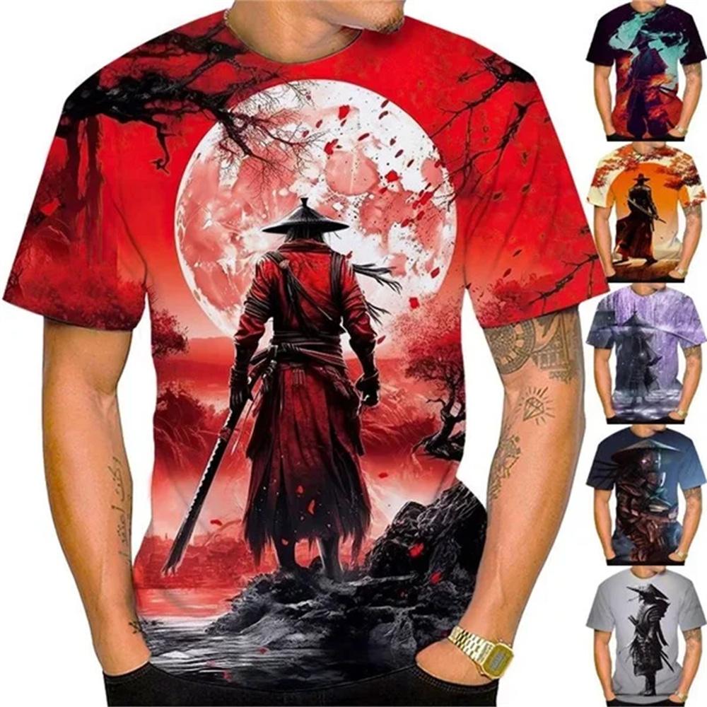

Футболка с рисунком самурая, модные повседневные топы, мужская футболка с коротким рукавом, летняя свободная блузка в стиле аниме в японском стиле 3D 2024 S