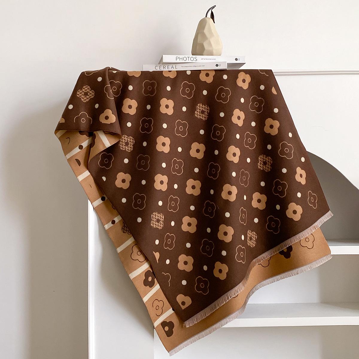 

Двусторонний маленький шарф из имитации кашемира с цветочным узором, женская летняя шаль для помещения с кондиционером, зимний утолщенный теплый универсальный длинный шарф 185x65cm темно-коричневого