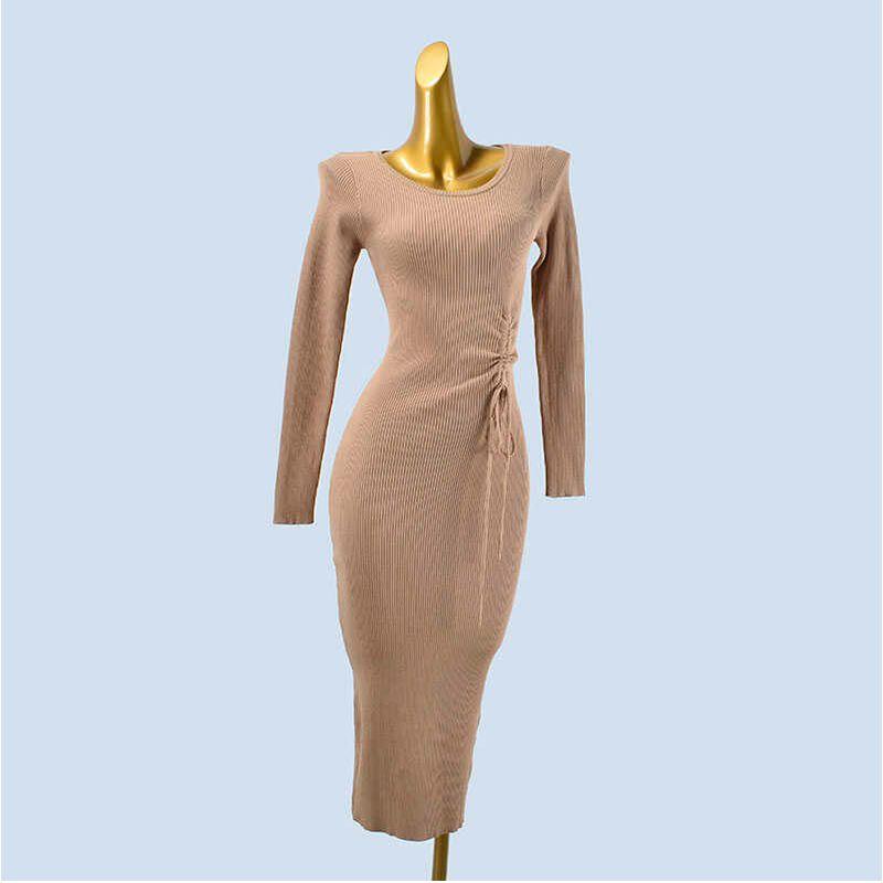 

Export Drawstring Waist Sunken Stripe Knitting Silm Office Lady Sheath Skirt Mid Length Long Length Dress Female Spring & Fall Inner Wear Skirt Khaki S/M