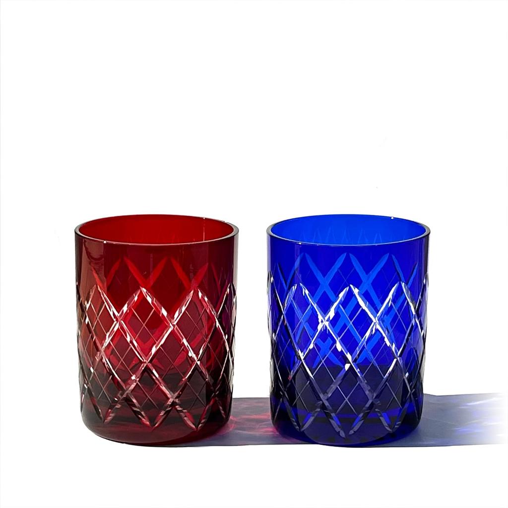 Taiburo Edo Kiriko Yaraimon Old Glass Pair and Wooden Made In Japan [Official Studio] (Red Blue) TB90115-1RB, Box,