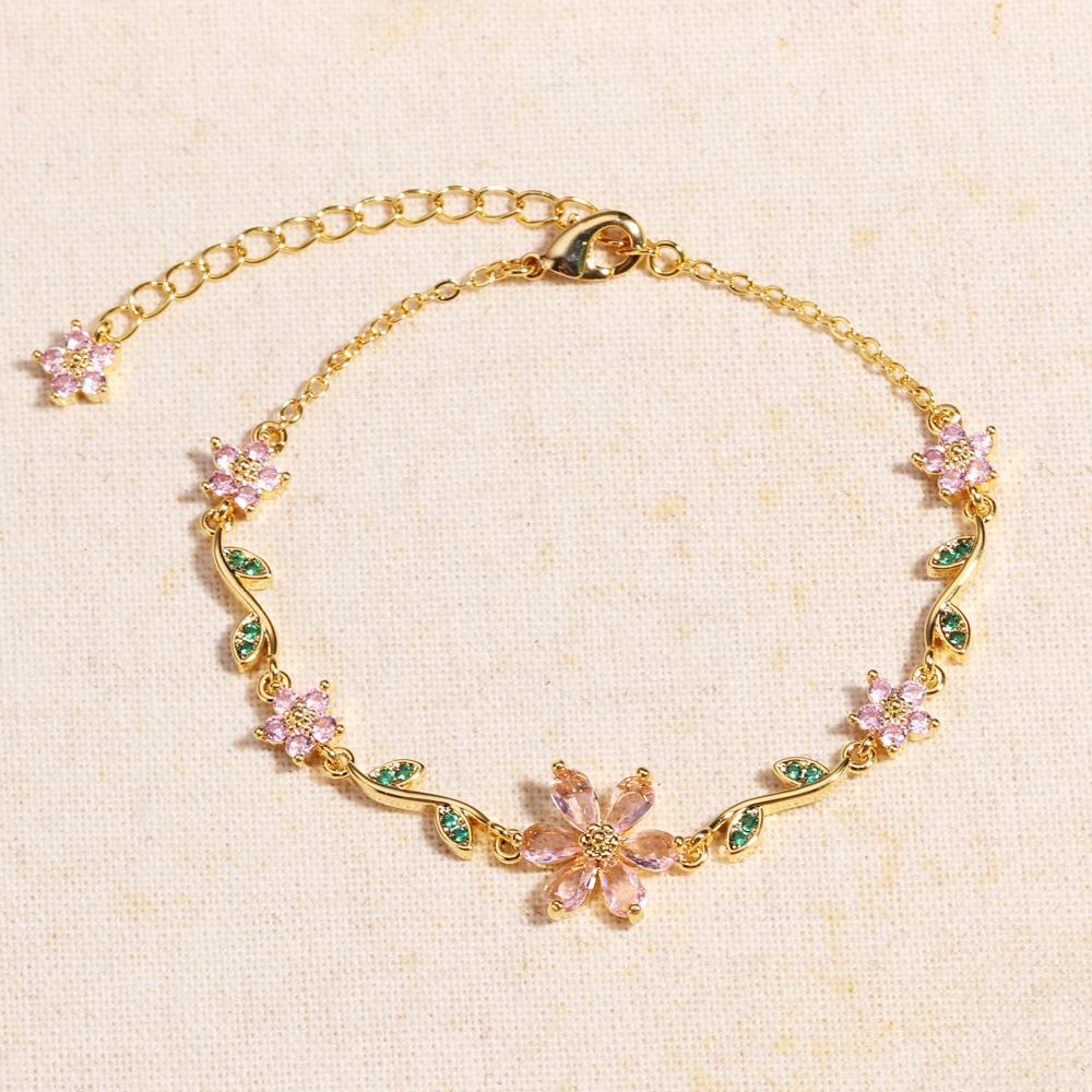 Adjustable Elegant Crystal Flowers Bracelet For Women Y2K Sweet Girls Pink Zircon Bracelets Luxury Designer Jewelry Gift