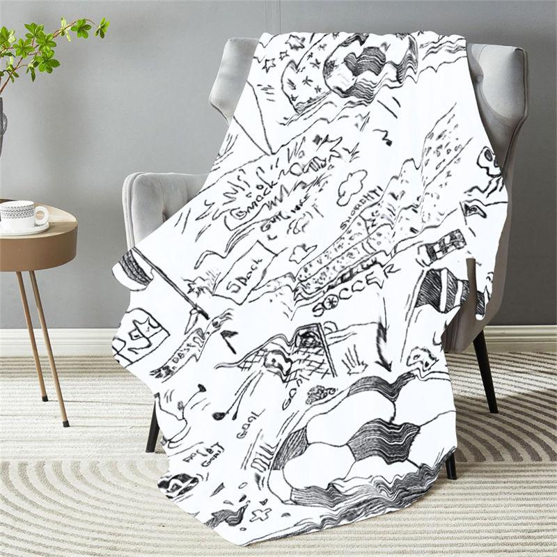 Soccer Theme Flannel Throw Blanket White Cartoon Soccer Ball and Field Design Warm Blanket For Boys Living Room Sofa Bed Decor
