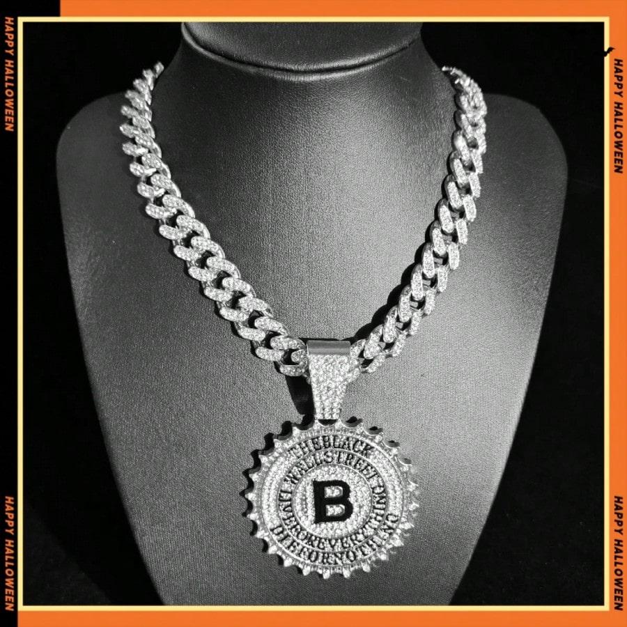 Hip Hop Style Circular Black Letter B Pendant, Paired With A Cuban Chain Necklace, Men'S Style.
