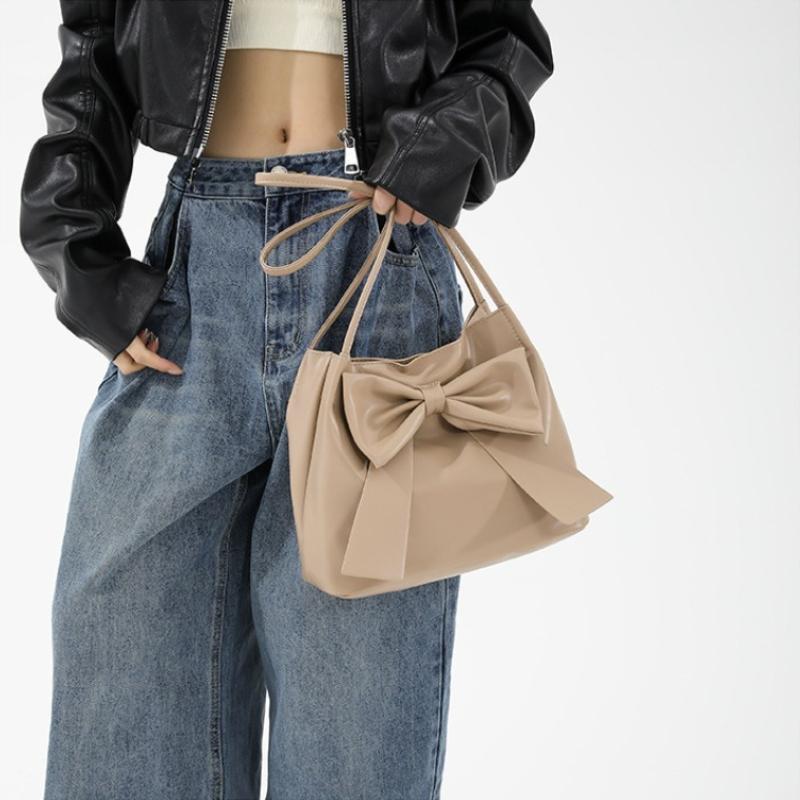 Women's Leather Bags, Sweet and Stylish Butterfly Bow Tote Bag, Solid Color Simple and Versatile Single Shoulder Handbag