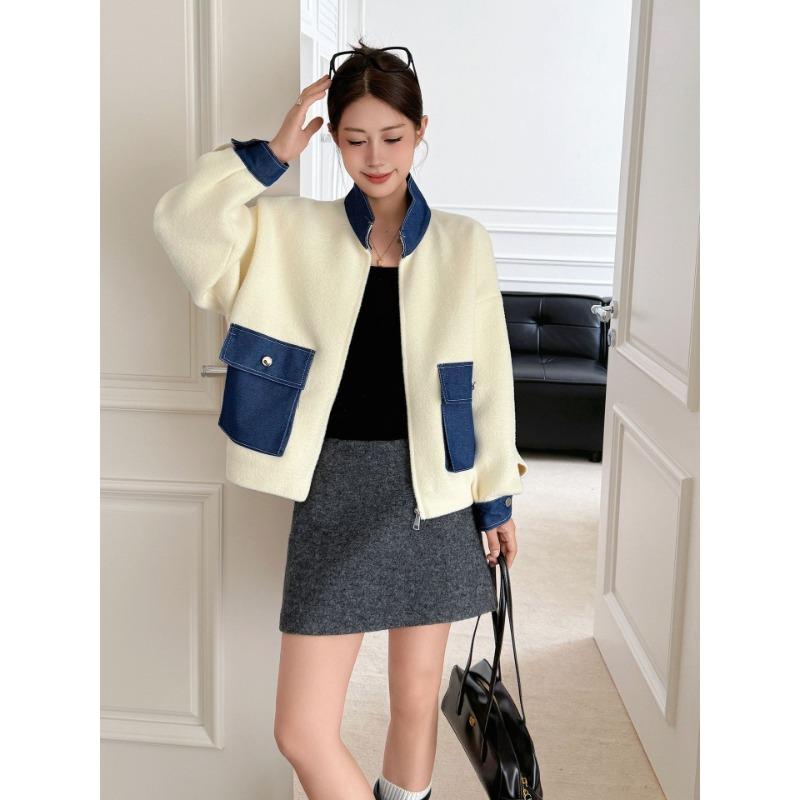 Autumn and Winter New Splicing Denim Knitted Double-sided Cardigan Design Sense Loose Zipper Sweater Jacket Women