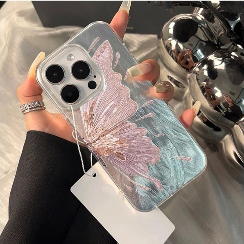 Pink butterfly silver feather gauze phone case suitable for iPhone 17 16 15 14 13 12 11 Pro/Max/Plus anti drop and shockproof