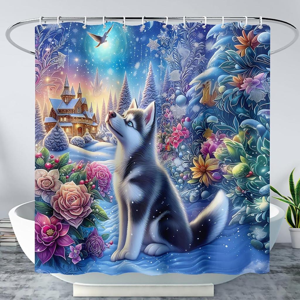 Kawaii Rabbit Pet Shower Curtain for Bathroom,Cute Animal Bunny Floral Waterproof Fabric Bath Curtain with Hooks,72" Wx72 H