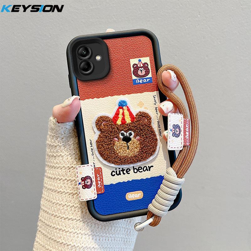 KEYSION Cartoon Cute Plush Embroidery Case for Samsung A06 4G A05 A04 with Lanyard Shockproof Phone Cover for Galaxy A06 A05 A04 4G