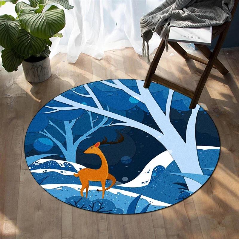 Forest Deer Round Carpet Soft Cartoon Rug Non-Slip Circle Floor Mat for Living Room Bedroom Sofa Bathroom Children's Dorm Decor