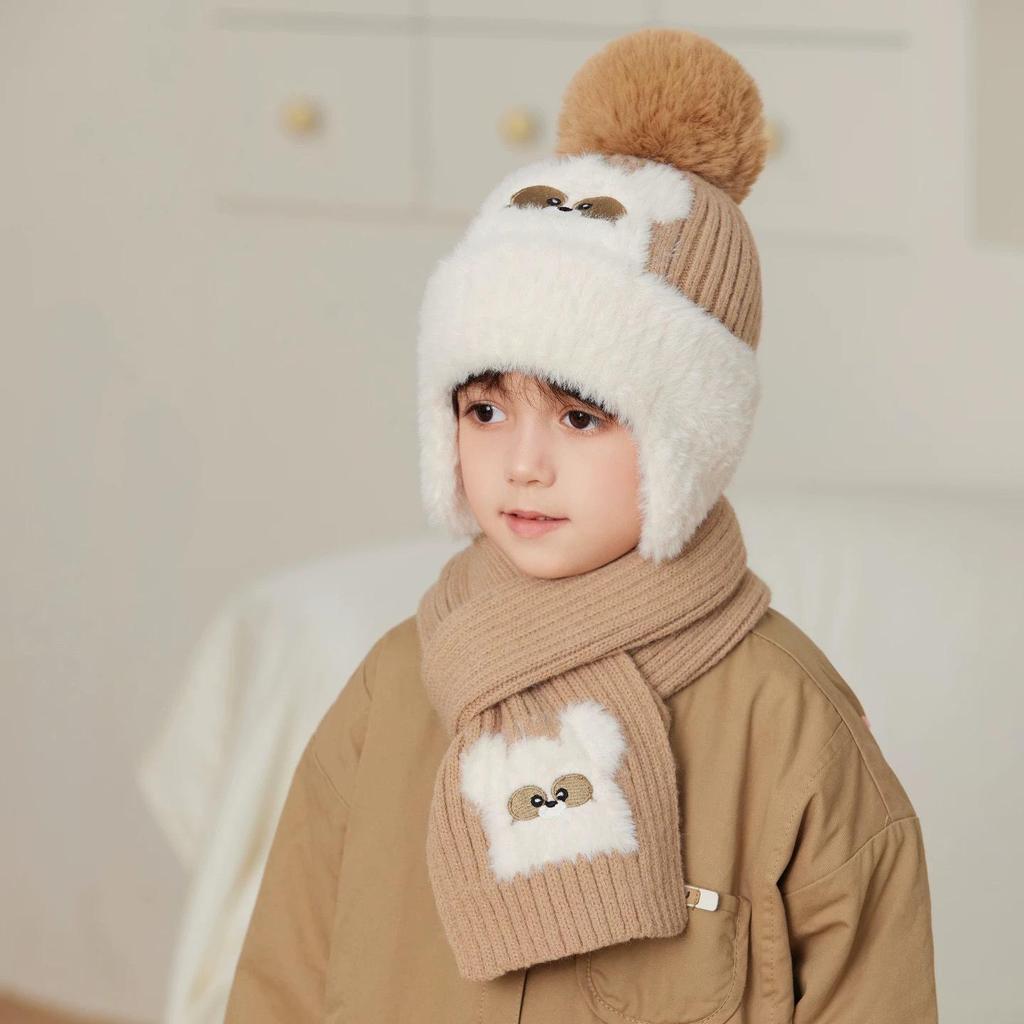 Children's Wool Hat and Scarf Set with Warm Ear Protection and Thick Baby Cartoon Pullover Cotton Lining, for Boys and Girls.