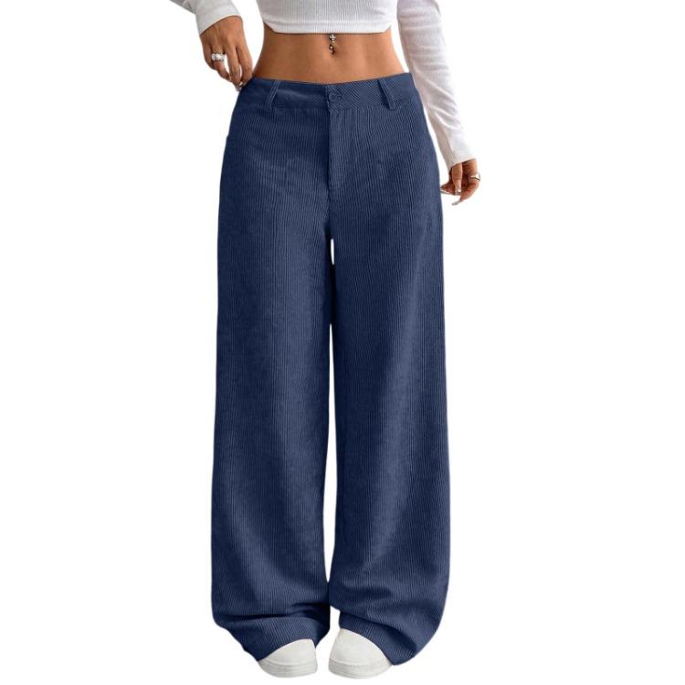 Pantaloni a Coste da Donna Larghi Comodi Casual Vita Elastica Gamba Dritta Con Tasche