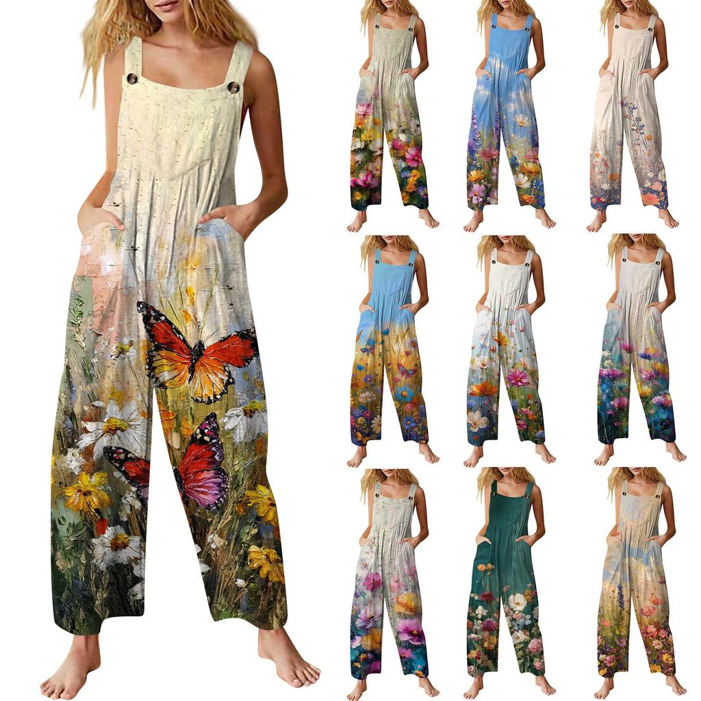 Women's Casual Jumpsuit, Sleeveless Printed Cotton Jumpsuit