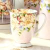 300ml Bone China Coffee Mugs- Blue Pink Elegant Floral Tea Mug with Gold Trim, Large Capacity Ceramic Cup for Coffee Tea and Milk for Home Office