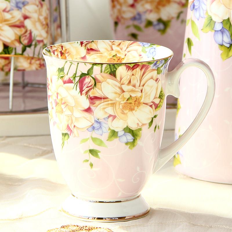 300ml Bone China Coffee Mugs- Blue Pink Elegant Floral Tea Mug with Gold Trim, Large Capacity Ceramic Cup for Coffee Tea and Milk for Home Office