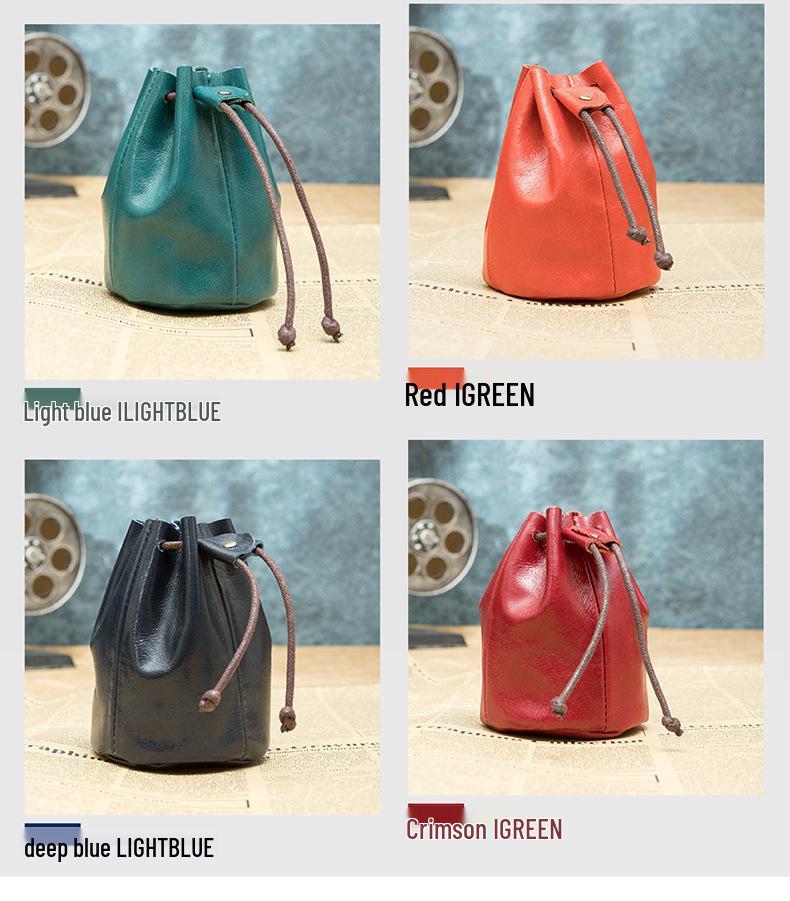 Vintage Leder-Münzbörse - Obernarben-Rindsleder, Kleine Geldbörse, Lippenstift-Aufbewahrung mit Kordelzugverschluss