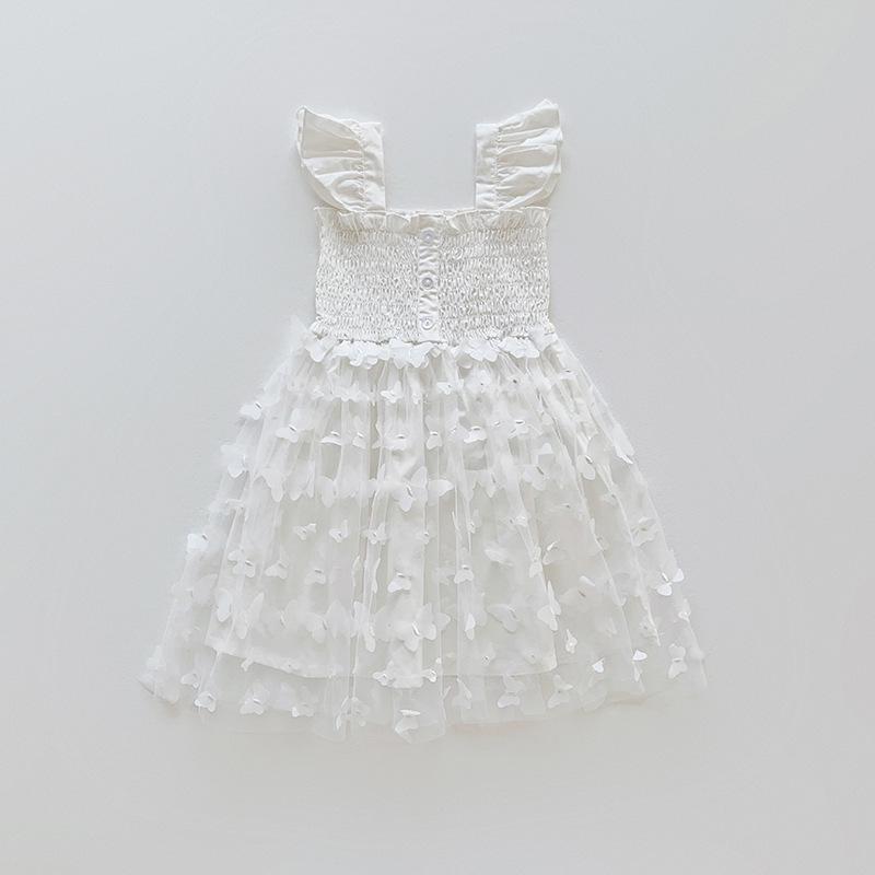 3D Butterfly Mesh Puff Sleeve Girls' Dress - 2025 Summer Smocked Waist Baby Princess Style
