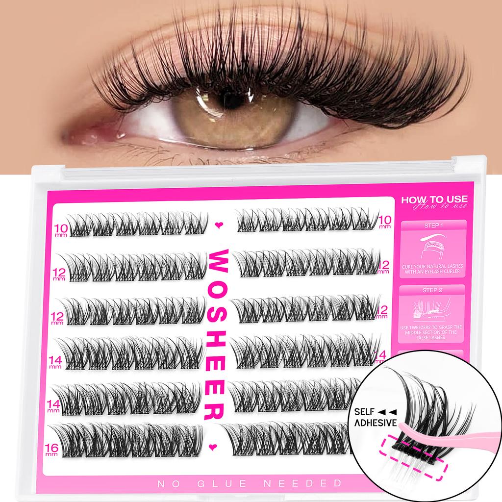 WOSHEER Selbstklebende Wimpern-Cluster Vorgeklebte Wimpern-Cluster Ohne Kleber Benötigt Wimpern Wispy Wimpernverlängerungen Einzelwimpern