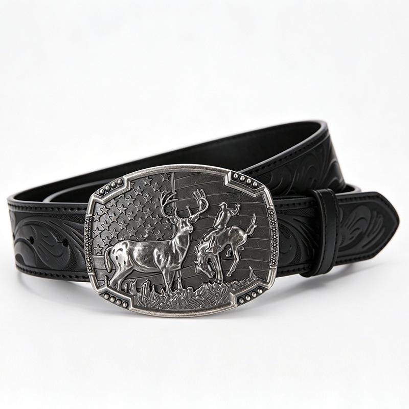 Men s Punk Style Retro PU Leather Belt with Embossed Elk Buckle 120cm