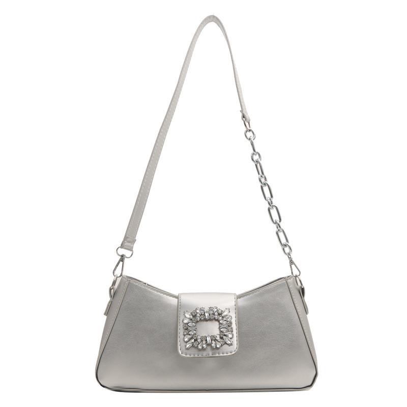 Stylish Korean Summer Casual Solid Color Shoulder Tote Bag With Shiny Rhinestones For Women