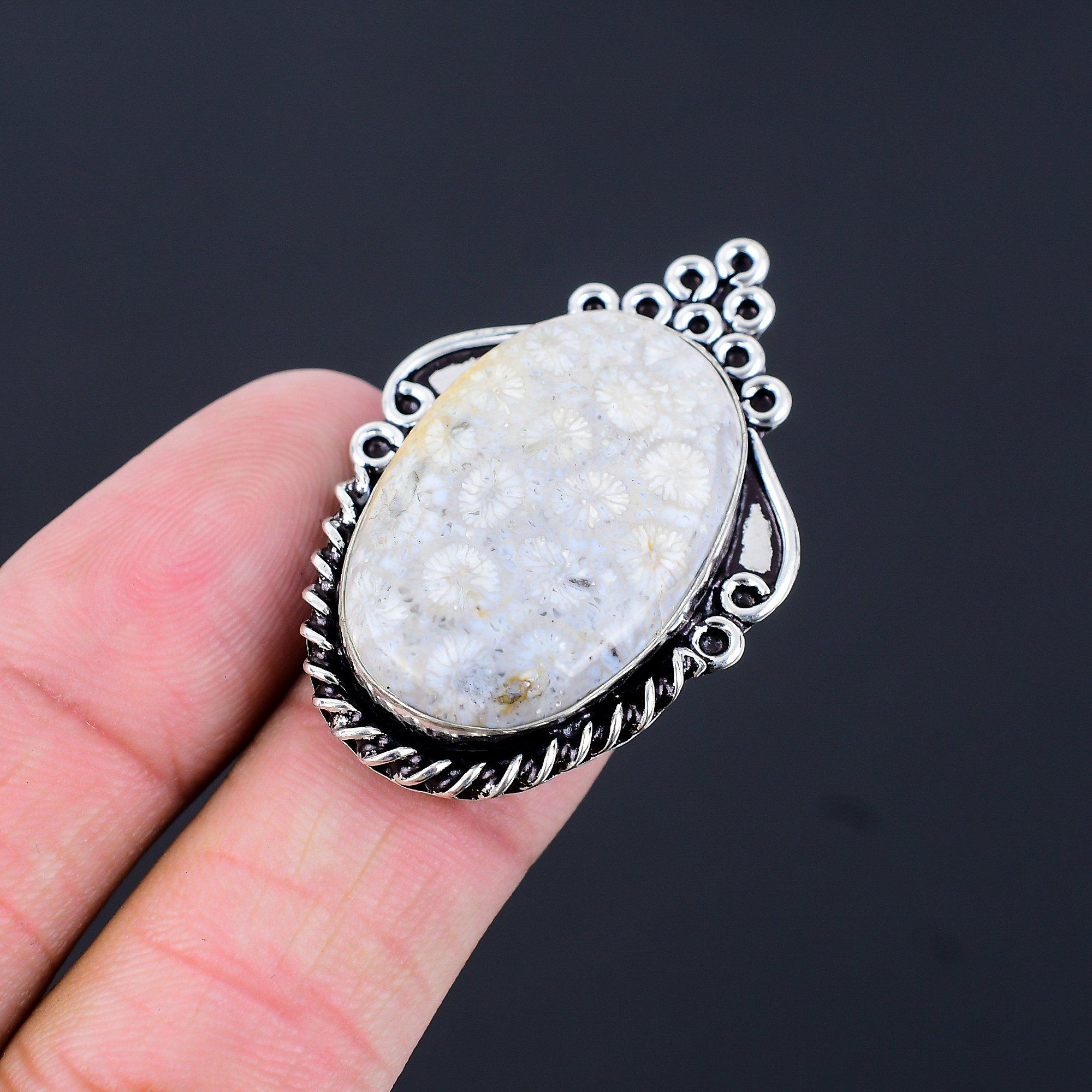 

925 Silver Oval Fossil Coral Stone Birthday Wife Statement Ring Jewelry Size 6.5 6.5
