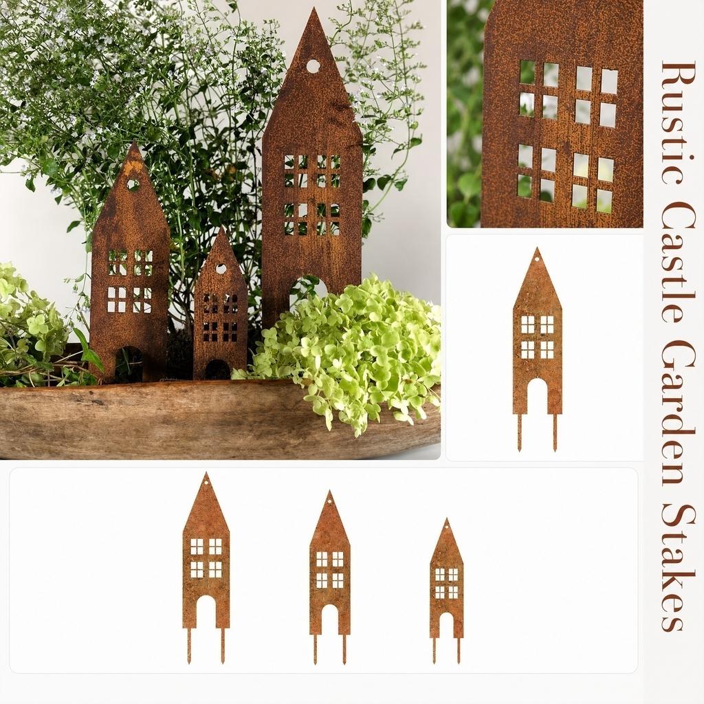 Rustic Metal Garden Stakes Set of Three Castle House Silhouettes Outdoor Decorative Yard Art for Planters and Lawn Display