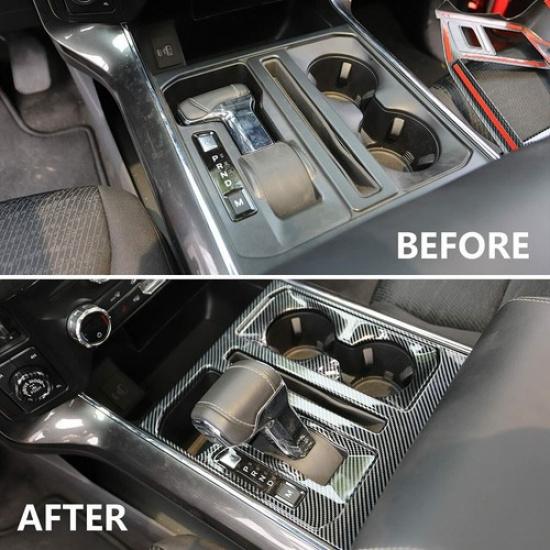 Kohlefaser Mittelkonsole Schalthebel Getränkehalter Zierblende für Ford F150 21+