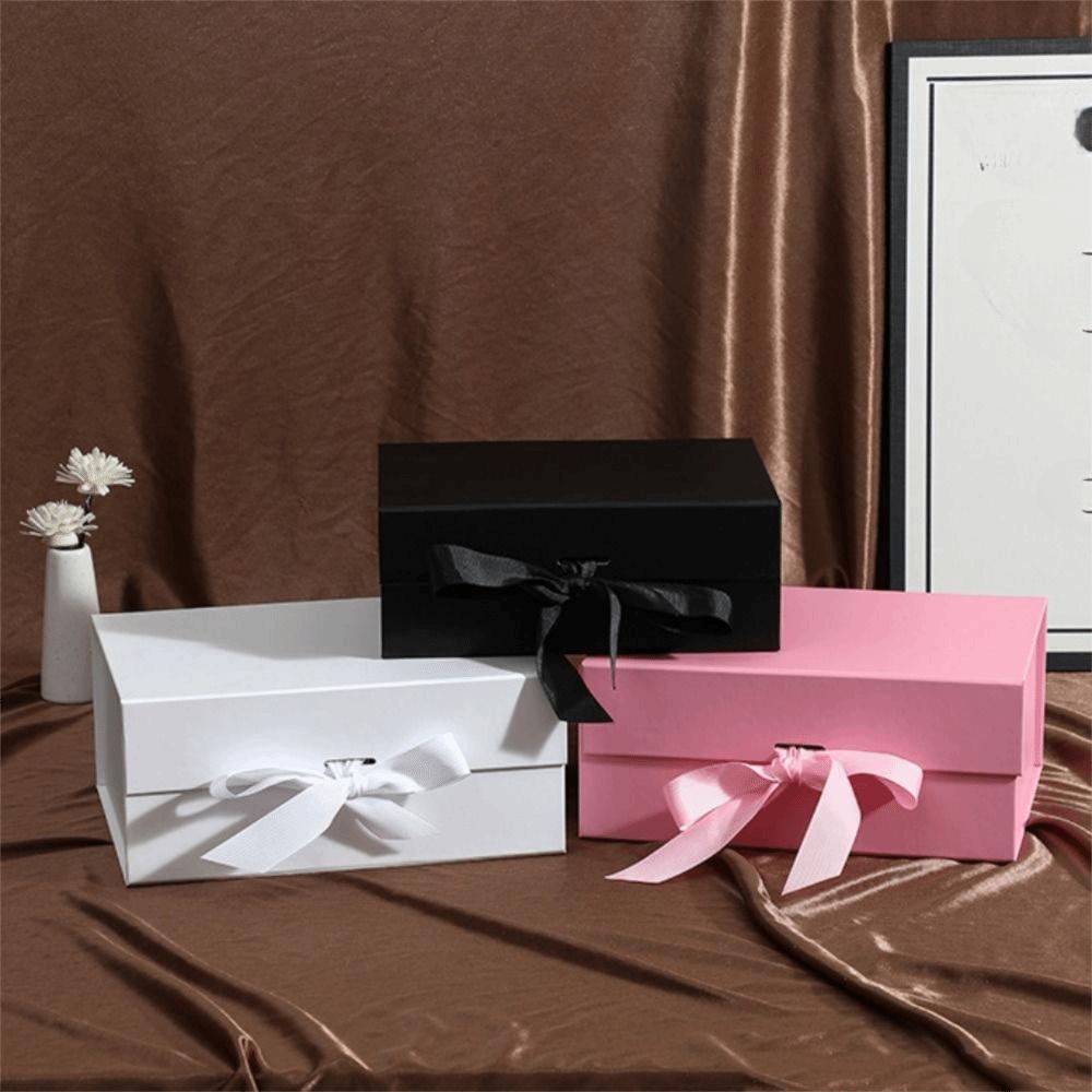 Pure Color Gift Box Flip Cover Ribbon Decoration Cardboard Folding Box One-Piece Design Foldable Wrapping Box Holiday Party