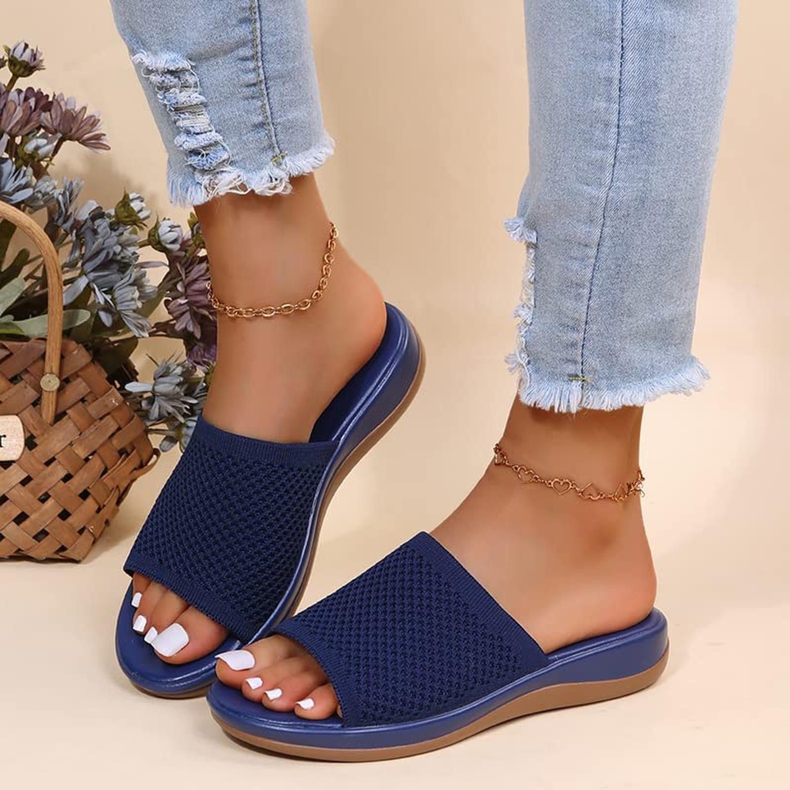 

Women s Slides Elastic Band Wide Width Casual Summer Sandals Flats Comfortable Oversized 39 синій