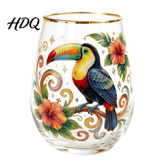 Hand-painted Glass Cup Hand Painted Tumbler Egg Shaped with Gold Rim Clear