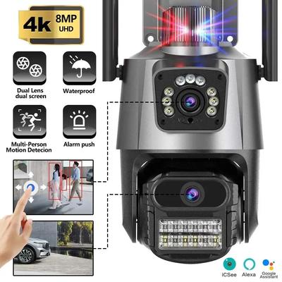 8MP 4K Wifi Camera Dual Lens Security Protection Waterproof Security CCTV Video Surveillance Camera Police Light Alarm IP Camera