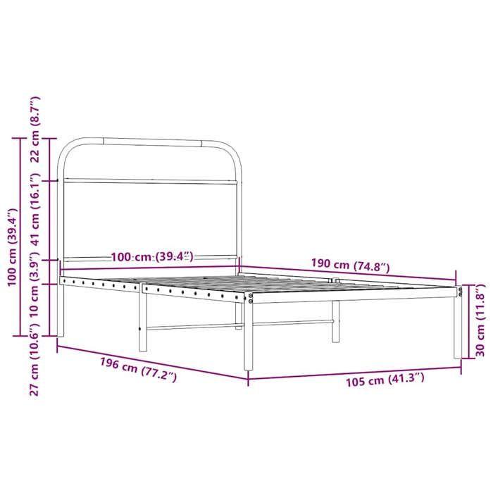VidaXL Cadre de lit sans matelas 100x190 cm chêne fumé bois ingénierie, meuble de chambre à coucher, lit simple, sommier, 4100203