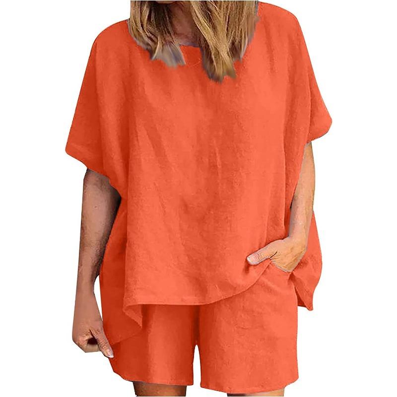 women's Solid Color Batwing Short Sleeve Loose Top High Waist Casual Shorts Summer Two Piece Outfit Set