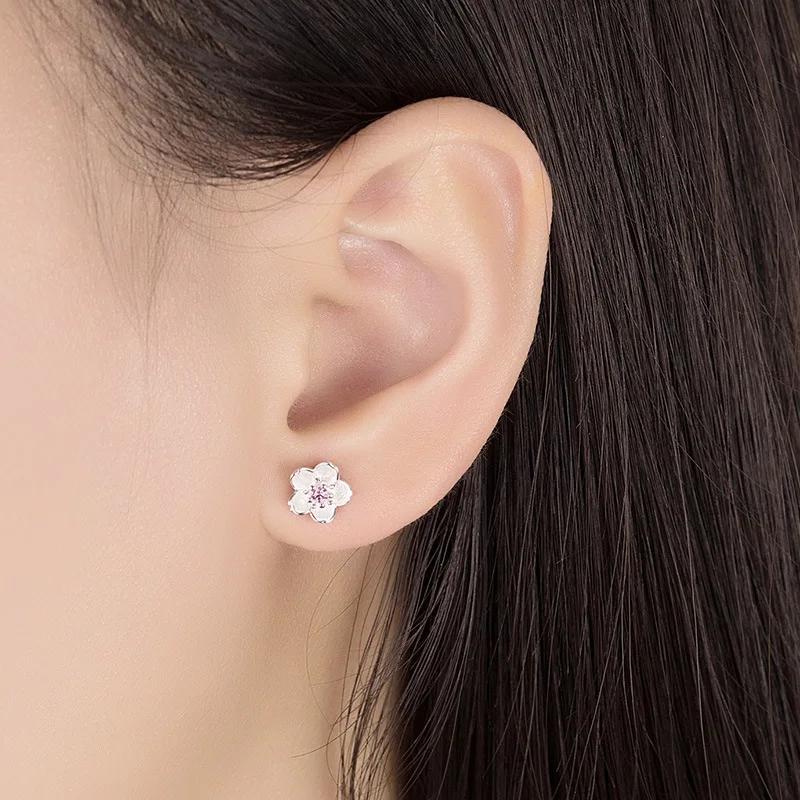 Real 925 Sterling Copper Fashion Fungus Ornaments Romantic Cherry Small Clean Earrings Pink Purple Luxury Zircon for Women Girl