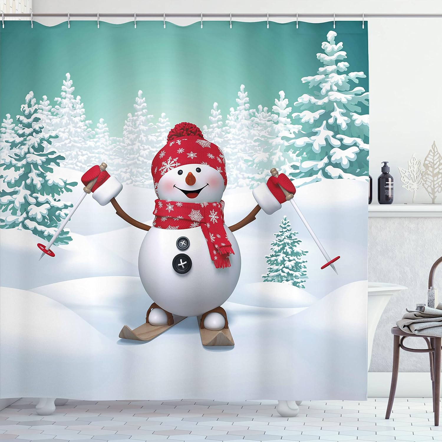 

Christmas Shower Curtain, Train With Gingerbread Cream Candy Cartoon Toys Snowflakes Presents, Cloth Fabric Bathroom Decor W60H190(CM)-1 Pcs