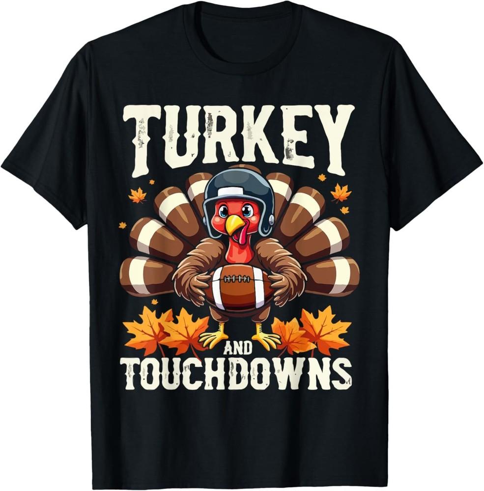 

Turkey And Touchdowns Football Thanksgiving Shirts Men Boys T-Shirt XL