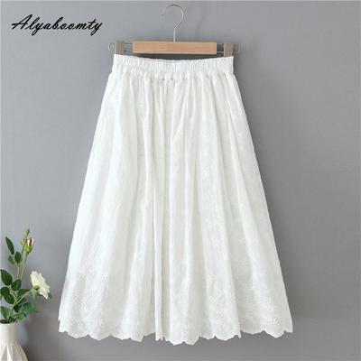 Gonna da fata bianca da donna Mori Girl, con elastico in vita, ricamo floreale delicato, elegante gonna in cotone femminile da donna