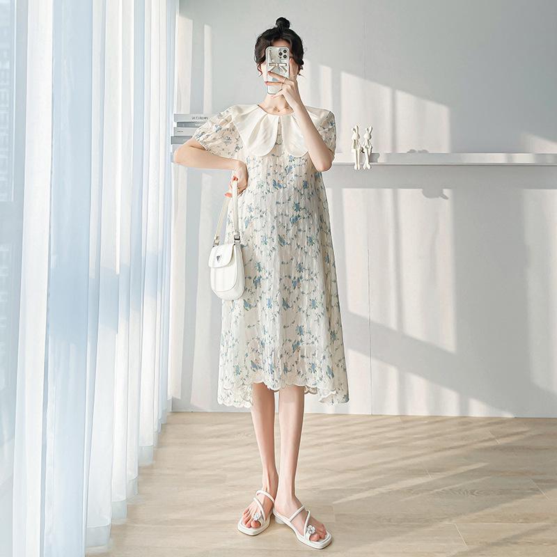 Korean Style Summer 2026 Puff Sleeve Floral Embroidery Maternity Dress L