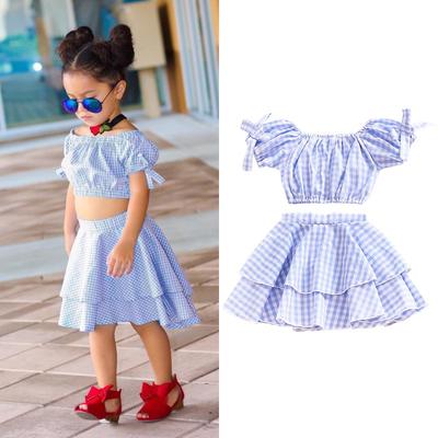 Kids Baby Girl Dress Red Plaid Bowknot Shirt Top Denim Mini Skirt Set 2Pcs Dress Set