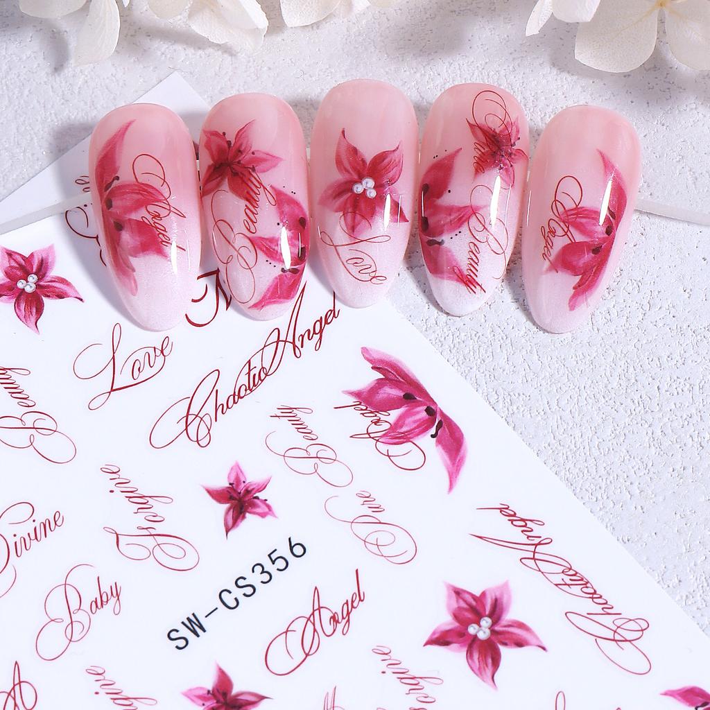3Pcs Floral Nail Stickers Pink Black Lily Flower Vintage English Letter Nail Art Decals