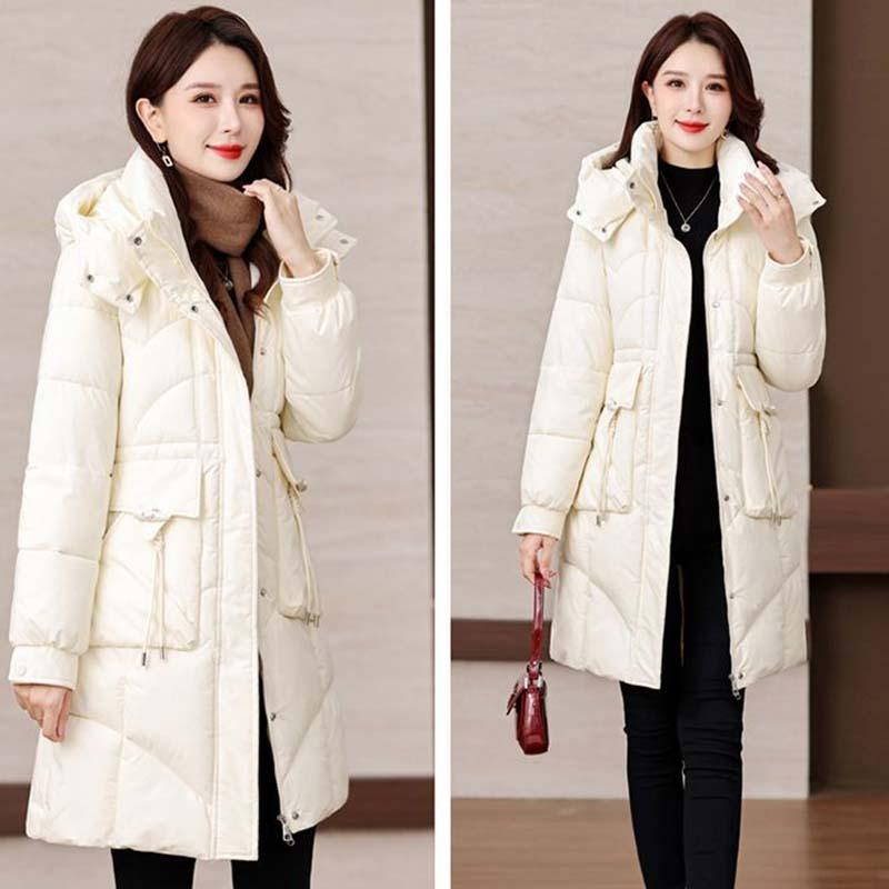 Winter Women Medium To Long Cotton Jacket Thickened Warm Casual Stand Collar Hooded Parker Coat Solid Color Warm Cotton Jacket