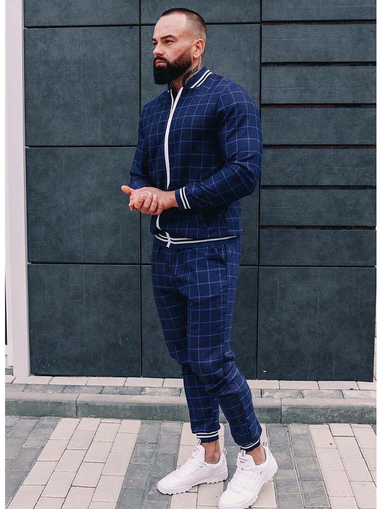 Autumn Men's Casual Plaid Sport Suit: Zip-Up Jacket & Long Pants Two-Piece Set