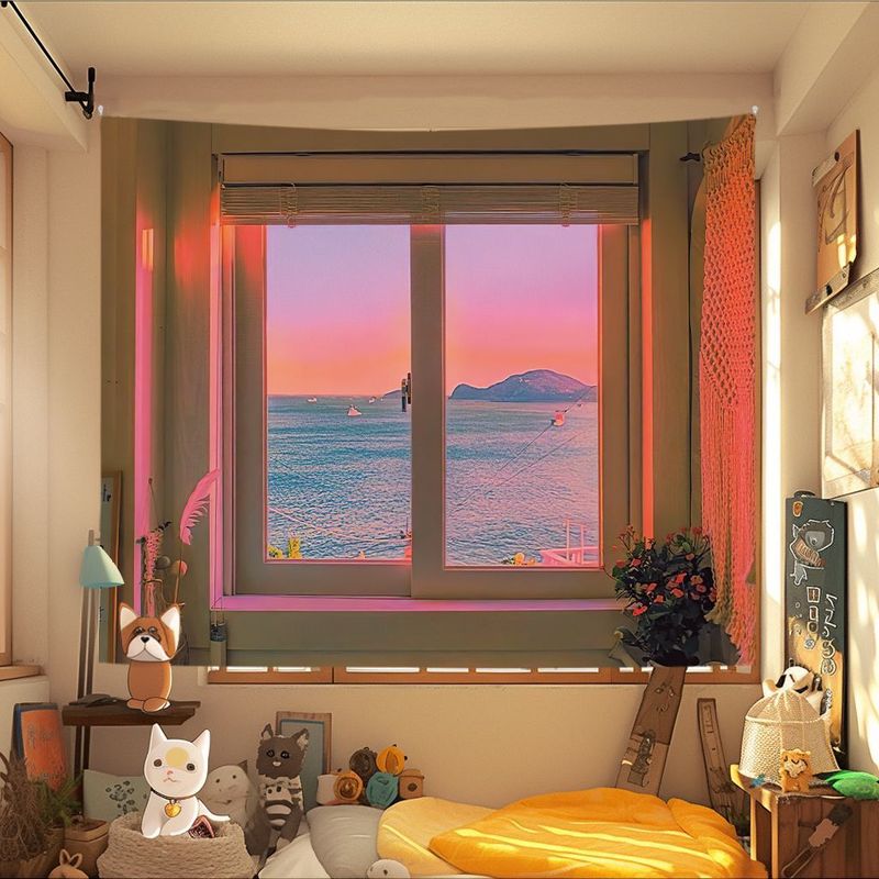 Rose Window View Cat Tapestry Wall Hanging Home Decor for Bedroom Living Room Retro Flower House Cute Cat Cartoon Warm