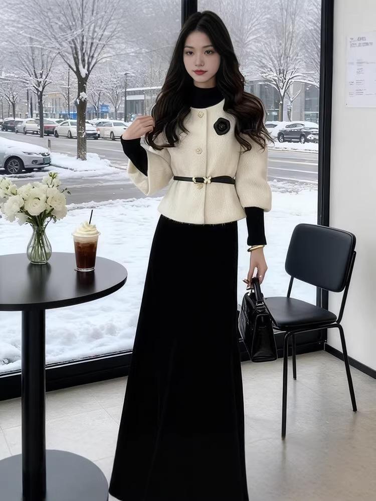 Women's Winter Three-Piece French Coco Style: Regular Shoulder Jacket, Fitted Knit Top, Waist-Cinched Skirt