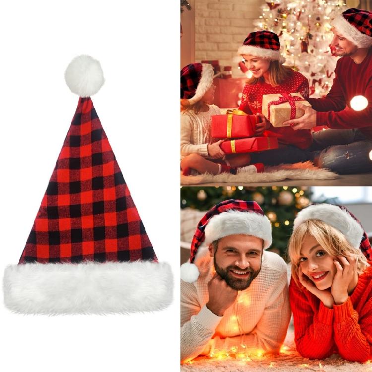 Christmas Theme Party Hat for Adult Furry Plush Trim Santa Caps with Plaids Pattern Festival Costume Noel Hat for Holiday