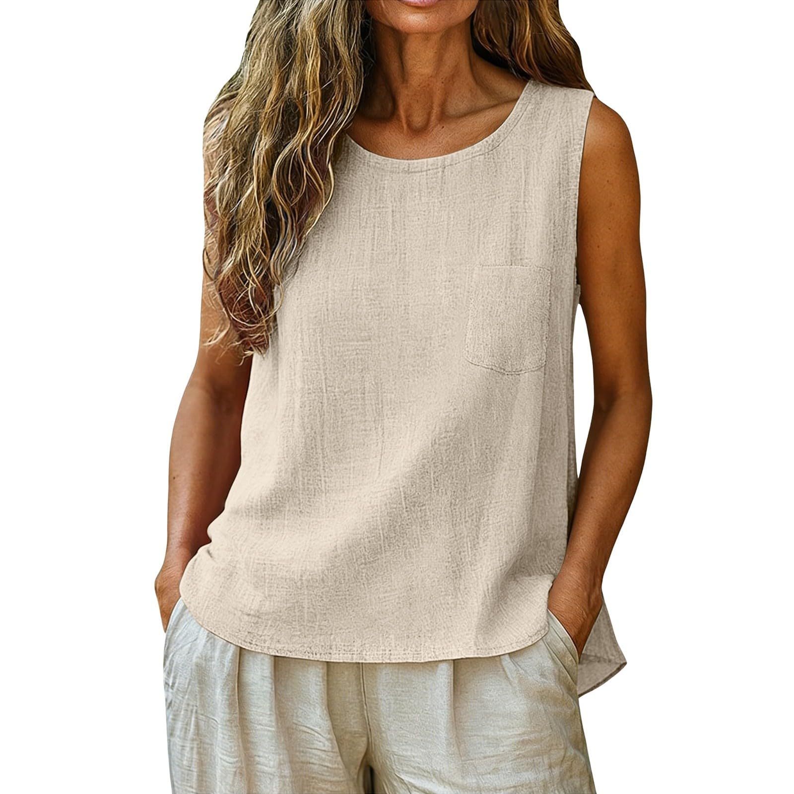 

Women s Fashionable Casual Round-Neck Sleeveless Top: Plain-Coloured Cotton-Linen T-Shirt With Pockets L