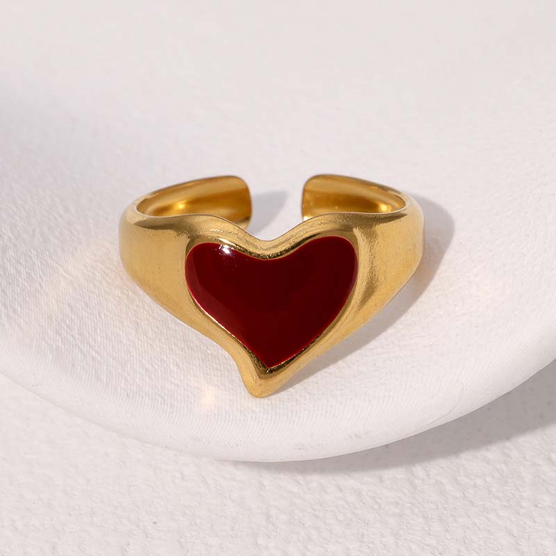 Vintage Red Drip Oil Geometric Rings for Women Stainless Steel Gold Color Heart Opening Adjustable Finger Rings Jewelry New