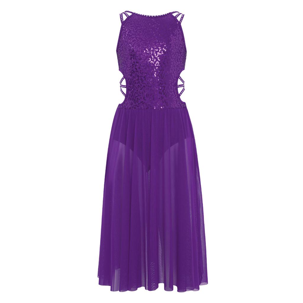 Girls Performance Dress Shiny Sequins Rhinestones Strappy Cutout Waist Side Split Mesh Dancewear