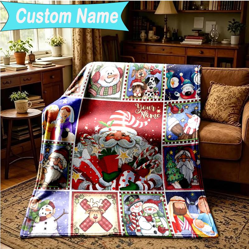 1PC Custom Name Blanket Santa Snowman Friendship Flannel Blankets Patterns Throw Blanket All-Season Soft Gift for Couch, Bed, Camping, Birthday Gifts