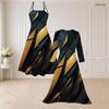 Women Plus Size Two Piece Set Spaghetti Strap V Neck Flared Dress Long Sleeve Open Front Printed Cardigan Black Blue
